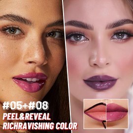 JUAAZIN 2Pcs Lip Stain Peel Off Lip Gloss oil Dual-Ended Combo, Lips Liner Stain Peel Off Masque, Long Lasting & Waterproof, Transfer-Proof Lip Tint Stain with Lip oil for All Skin Type 05#+08#