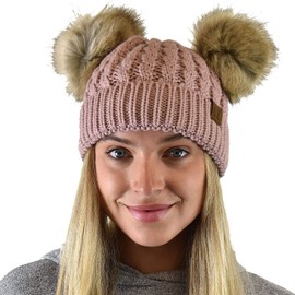 C.C 2 Ear Pom Pom Cable Knit Soft Stretch Cuff Skully Beanie Hat, Faux Fur Rose
