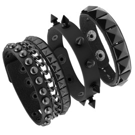 Eigso Pun Leather Cuff Rivet Bracelets for Men Women Vintage Retro Strap Rivets Bracelets for Men Women Pack of 3, Faux Leather, No gemstone