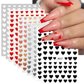 ROFIBUT Pegatinas de corazón para decoración de uñas, brillantes, autoadhesivas, 3D, para San Valentín, con purpurina, en rojo, blanco, plateado y negro, para decoración de uñas acrílicas, 10 hojas