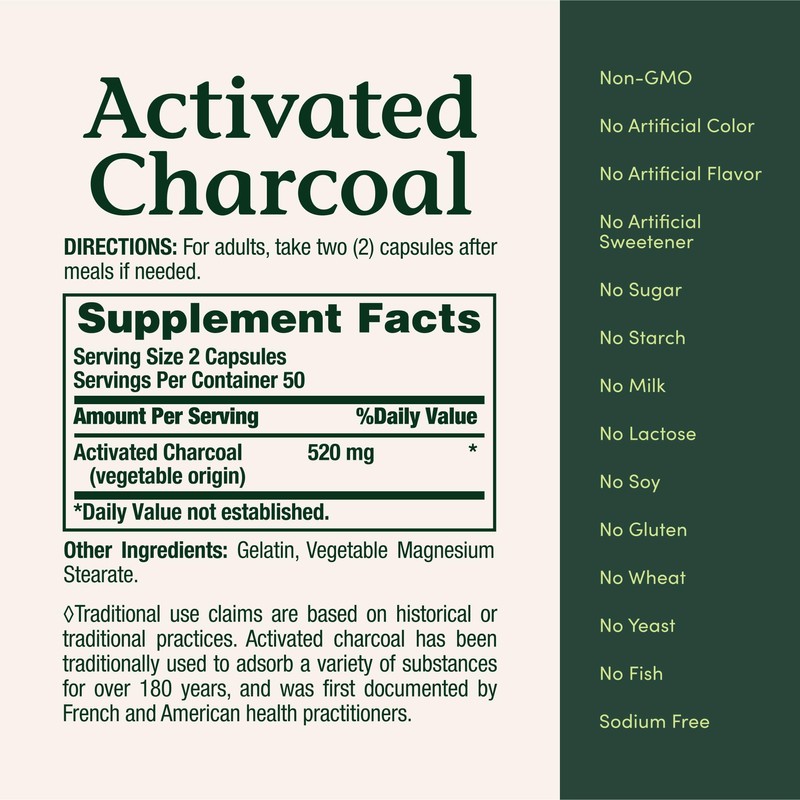 Nature's Bounty Activated Charcoal 260 mg, 100 Capsules, Dietary Supplement