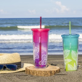 bzyoo SIP 24oz (710ml) Double Wall Plastic Tumbler with Lid and Straw Cold Drink Travel Mug Reusable Party Cup Perfect for Office Poolside Parties Gifts For Him & Her Color: Pink & Purple