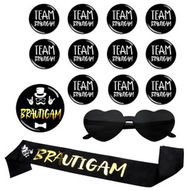 DAWRIS JGA Decorative Men, Stag Party Men's Accessories with 1 Groom JGA Sash, 1 Groom JGA Buttons, 1 JGA Glasses, 11 Team Groom JGA Buttons for Stag Party Engagement