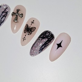 Drawing Cross Handmade Nail Tips Unique Design - Almond Midi / 드로잉크로스 수제네일팁 유니크 디자인 - 아몬드미디