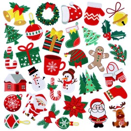 32 Pieces Christmas Iron on Patches Cute Xmas Snowman Gift Box Sew on Embroidered Applique Repair Patch DIY Crafts Festive Gifts for Clothing Hat Shirt Bag Jeans DIY Decorations
