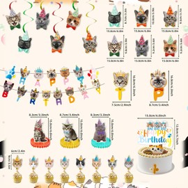 20 decoraciones de fiesta de cumpleaños para gatos, suministros de fiesta temática de gato, incluye pancarta de feliz cumpleaños, remolinos colgantes, centros de mesa de panal, adornos para pasteles