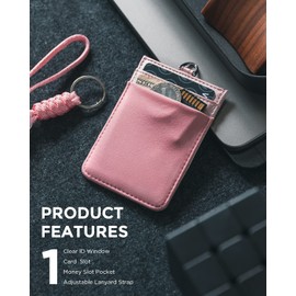 VULKIT ID Badge Holder with Lanyard for Women and Men Vertical Leather Badge Holder with Clear ID Window Card Holder Slot and Money Pocket