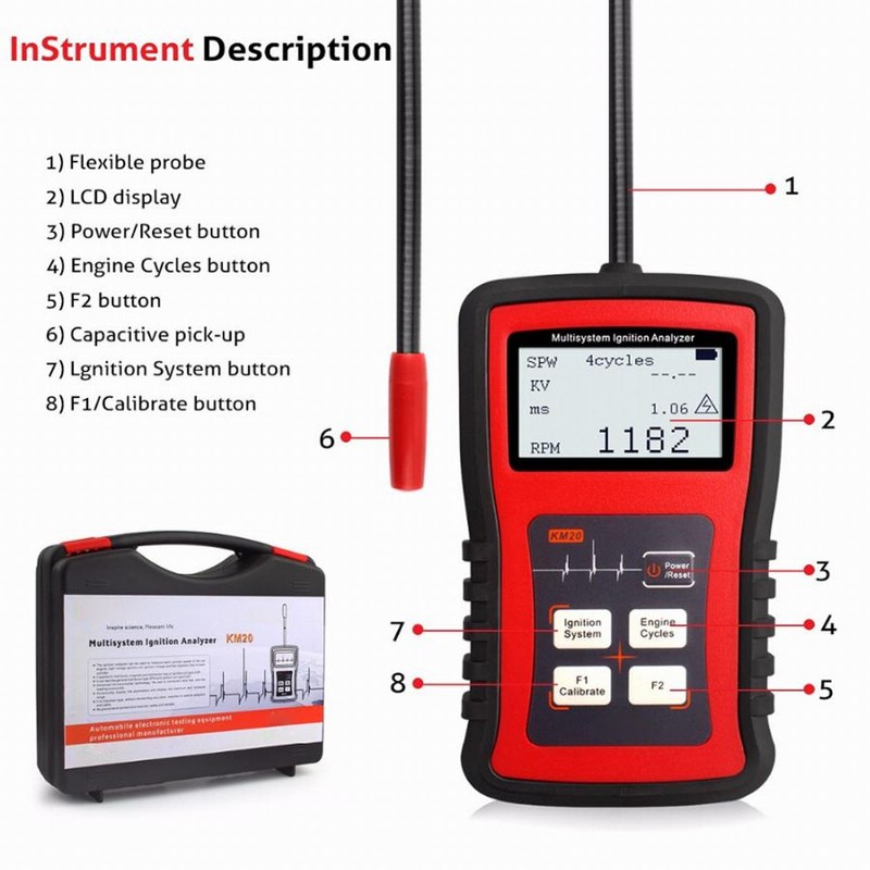 24W Ignition Analyzer MultiSystem LCD Display RPM Measurement Spark Plug