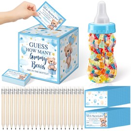 TrelaCo 82 Pcs Baby Shower Games Guess How Many Bears Include 1 Guessing Game Box 1 Large Baby Bottle 60 Guessing Cards 20 Pencils for Baby Shower Favors Games Gender Reveal (Cute Bear)