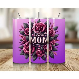 20oz Skinny Stainless Steel Tumbler with the words "Best Mom" Pink Roses, Lid