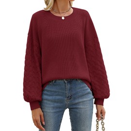 heekpek Women's Jumpers Ladies Loose Jumpers Long Sleeve Tops Crewneck Cable Knit Sweaters Casual Pullover, WineRed, M