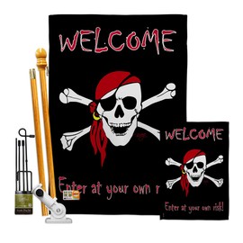 Breeze Decor Pirate Enter at Your own Risk Garden House Flags Kit Coastal Ship Skull Treasure Map Carribean Jolly Blackbeard Jack Small Decorative Gift Yard Banner Made in USA 28 X 40