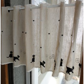 黒猫柄 麻混ナチュラルベージュ カフェカーテン(幅120cm x 丈45cm)
