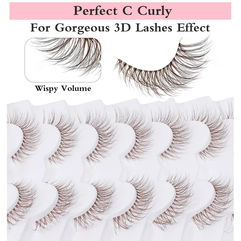 7 Pairs Brown Lash Strips, Natural Cat Eye False Lashes