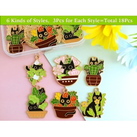 Anjulery 18 Pieces Enamel Black Cat and Plant Charms for Jewelry Making - Cute Kitten Charm for Bracelets Earrings Keychains Necklaces Stitch Markers Crafts (18Pcs Black Cat and Plant-B)