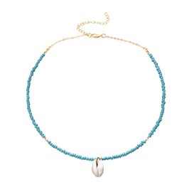 Yakiki Trendy Bohemia Nature Shell Pendant Turquoise Beaded Chain Conch Choker Simple Necklace for Women