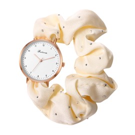 JewelryWe Womens Scrunchies Quartz Watches: White Elegant Beautiful Soft Wristband Analog Student Elastic Casual Bracelet Hair Scrunchy Strap Expansion Band Wristwatch