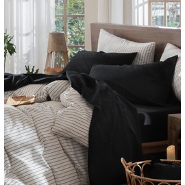 MooMee Bedding Sheet Set 100% Washed Cotton Linen Like Textured Breathable Durable Soft Comfy (Solid Black, King)