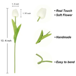 AMZFULY 20 Pcs White Tulips Artificial Flowers with Soft Latex Materials, Spring Summer Fake Flowers Decorations for Home, Office, Dining Table Centerpiece