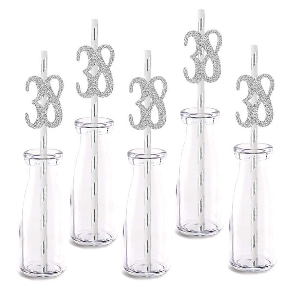 Silver Happy 38th Birthday Straw Decor, Silver Glitter 24pcs Cut-Out Number 38 Party Drinking Decorative Straws, Supplies