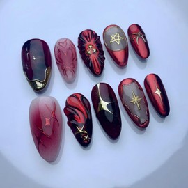 Medium Press on Nails Almond False Nails with 5D Gold Star Charm Design Ombre Red Black Fake Nails Gold Curve French Tip Glue on Nail Glossy Full Cover Glitter Stick on Nail for Women Manicure 24Pcs