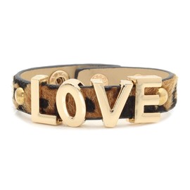 SHIMERITI Punk Rock Alloy Love Letter Leopard Pattern Pu Leather Cuff Bracelet(Dark Brown)