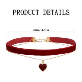 Choker Necklace Women's Red, Red Collar Jewellery for Queen of Hearts Costume, Gothic Velvet with Heart, 90s Collar, Women's Necklace, Layered Choker Necklace, for Valentine's Day, Carnival, Cosplay,