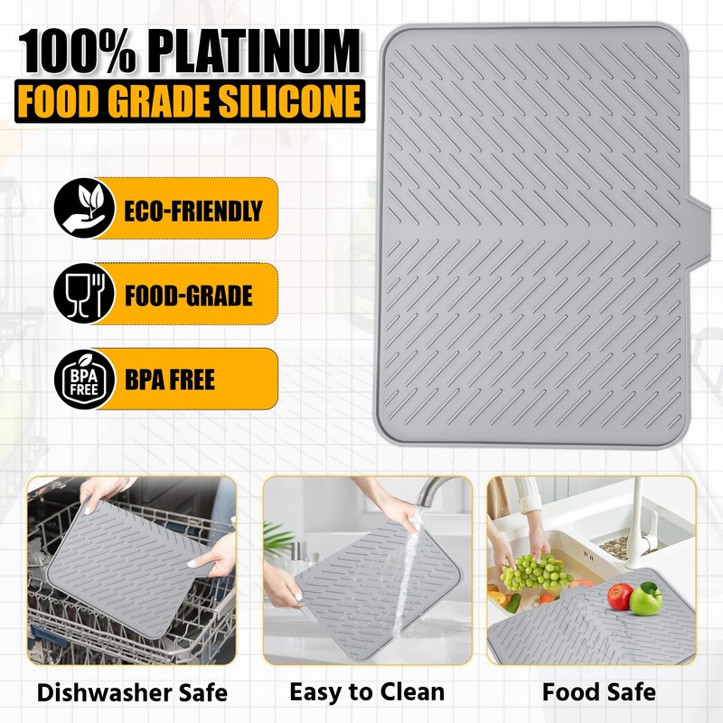 Luxet Silicone Dish Drying Mat with Built-in Drain Lip -