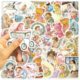Vintage Baby Stickers for Water Bottle,50 PCS Retro Style Scrawl Stickers Pack for Bicycle Suitcase Laptop Phone Luggage Guitar,Waterproof Vinyl Stickers for Teens Girls Children Party Favors