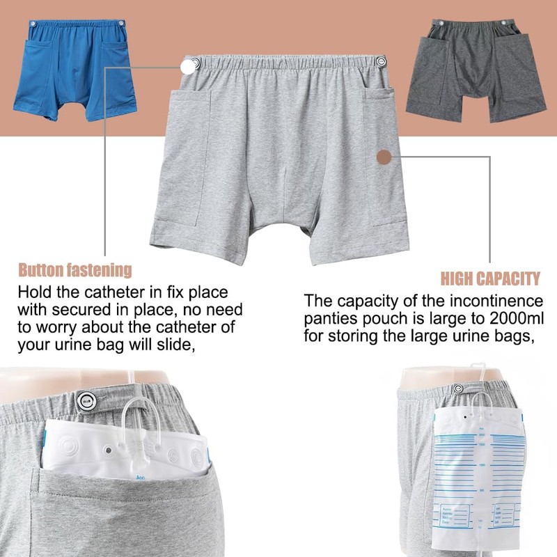 3 Pack Urine Bag Shorts for Men, Ostomy Drainage Bag