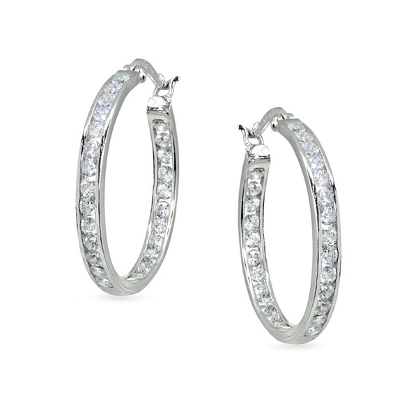 Sterling Silver 3x25mm Channel-Set Inside Out Cubic Zirconia Round Hoop