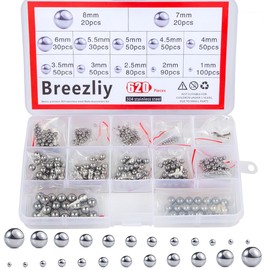 Breezliy 304 Stainless Steel Ball 620Pcs 1-8mm Metric Precision Assorted Loose Bicycle Bearing Steel Ball Assortment Kit（12 Sizes）