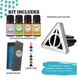 Wild Essentials Potter Hallows Essential Oil Car Vent Diffuser Kit with Lavender, Lemongrass, Peppermint, Orange Oils, Stainless Steel Locket Pendant, 8 Refill Pads, Color Changing Air Freshener