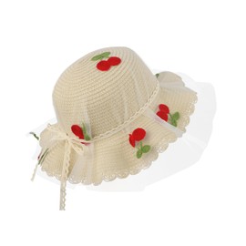 IPENNYE Children's Straw Hat, Kids' Paper Hat, Summer, Sun Hat, Straw Hat, Girl, Cute, Cherry Lace, Ribbon Included, Children's Hat, Sun Hat, Baby Hat, Chin Strap, Wide Brim Hat, School, Travel, Sea,