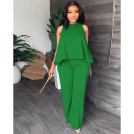 BXBY Two Piece Sets for Women Summer Pleated Ruffle Hem Sleeveless Top Wide Leg Pant Outfits Casual Vacation 2024 Tracksuit Green XXL