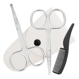 4Pcs Beard Scissors Set Precision Stainless Steel Grooming Kit for Nose Hair Trimming Includes Pointed Round Scissors White Leather Case Small Comb