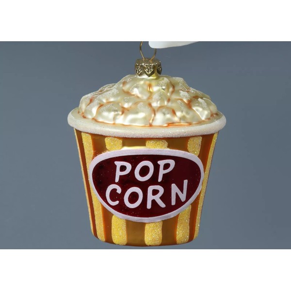 JINGLES & JOY CINEMA POPCORN BUCKET Glass Holiday Tree Ornament