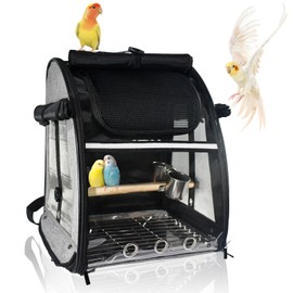 GREGCE Bird Carrier Bag, Bird Travel Cage with Standing Perch and Indestructible Stainless Steel Mesh, Protable Transparent Breathable Carrier with Feeder Cups for Small Birds Parrot Parakeet, Grey