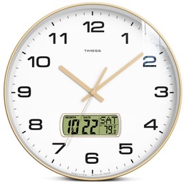 TIMESS Wall Clock, 12" Dial Non-Ticking Silent Battery Operated Analog with LCD Display for Perpetual Calendar and F° Temperature, Ideal Modern Home, Bedroom, Kitchen, Office Decor (Gold)