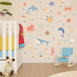 HLNIUC Kids Ocean Themed Wall Decal Peel And Stick 35”x12”Colorful Sea Animal Room Sticker Boho Under The Sea Window Clings Ocean Life and Creature Removable Wall Stickers for Bathroom Kids Room Decor