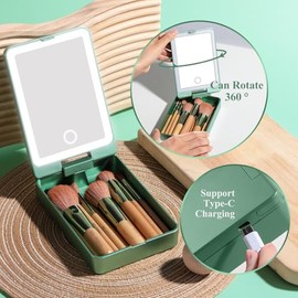 BS-MALL Juego de brochas de maquillaje de viaje, 14 piezas, corrector de polvo de base, sombras de ojos con espejo de luz LED, verde