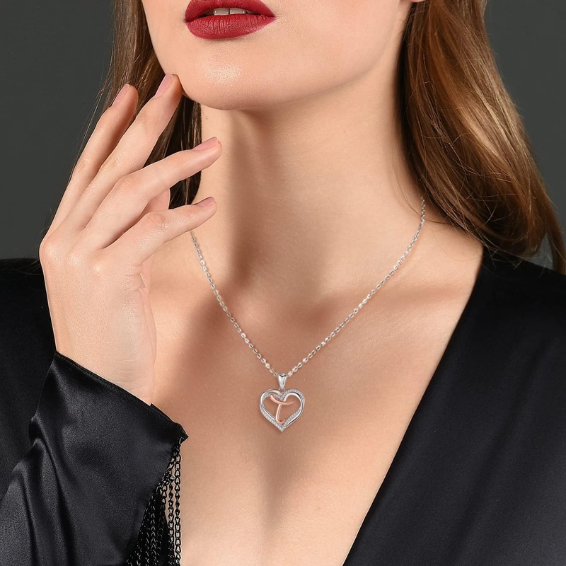 INFUSEU Heart Necklace with Initial T Letter Jewelry Cubic Zirconia