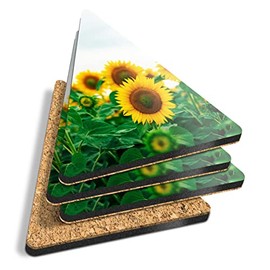 4 x Triangle Coasters - Sunflower Field Flowers Summer Cork Backed MDF Glossy Tea Coffee Accessory #14844