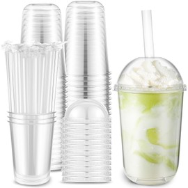 Ziliny 50 Set Plastic Cups with Lids and Straws Plastic Disposable Round Bottom Cup for Cold Drinks Iced Coffee Juice Smoothie Milkshake Crystal Coffee Shop Party Catering(16 oz)