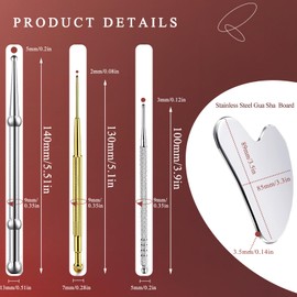 4Pieces Facial Reflexology Massage Tool，Stainless Steel Manual Acupuncture Pen with GuaSha Board， Double Headed Spring Loaded Ear and Body Point Probe Pen