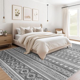 Large Living Room Area Rug 5x7: Soft Machine Washable Boho Moroccan Farmhouse Rugs for Bedroom Under Dining Table - Non-Slip Neutral Morden Indoor Floor Carpet for Home Office - Grey/Beige