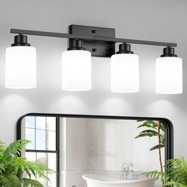 Ascher Bathroom Light Fixtures, 4-Light Vanity Light Over Mirror, Black Wall Sconces with Milky White Frosted Glass Shades, Wall Lamp for Living Room Bedroom, E26 Base(Bulbs Not Included)