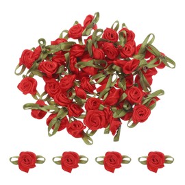 MECCANIXITY 50pcs Red Ribbon Roses 5/8"x1-3/16" Mini Roses for Crafts Little Satin Bows Roses Artificial Flowers