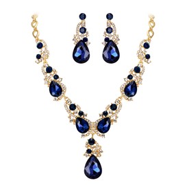 BriLove Wedding Bridal Necklace Earrings Jewelry Set for Women Multi Teardrop Cluster Crystal Statement Necklace Dangle Earrings Set Sapphire Color Gold-Tone