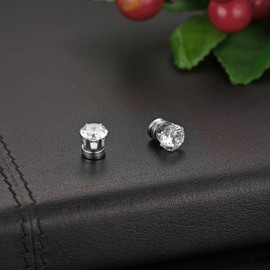 Flongo No-Hole Magnetic Ladies/girls/men Stud Earrings Set, Cubic Zirconia Stud Earrings Black Gold Silver Fake Plug Without Hole Set Of 6 Earrings, Stainless Steel, Silver